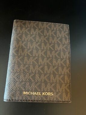 Michael Kors Brown MK Logo Card & Passport Sleeve with Gold Branding